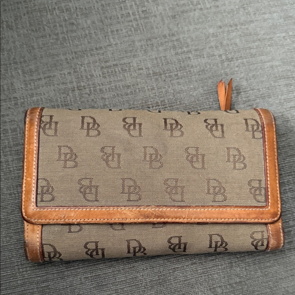 Dooney & Bourke Monogrammed Brown Canvas Wallet with Leather Trim